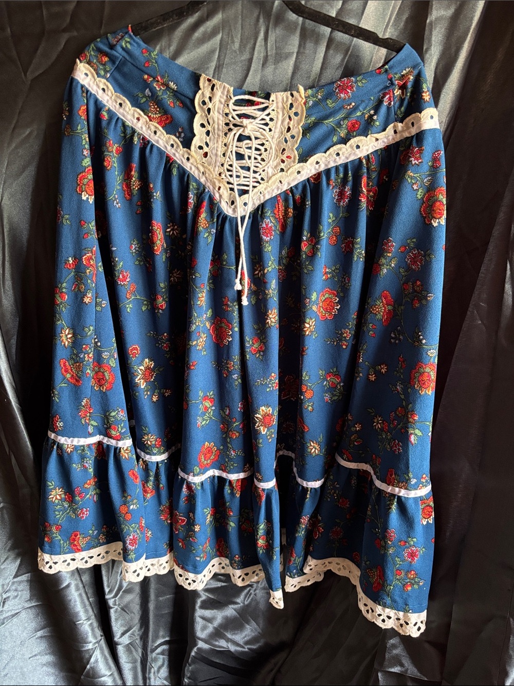 Blue Floral Tiered Maxi Skirt with Lace-Up Waist